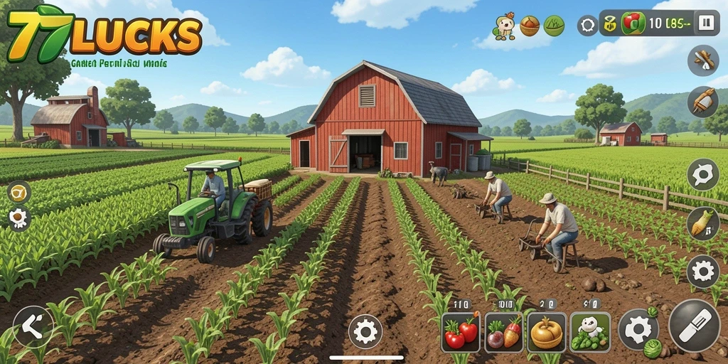 Screenshot gameplay 77LUCKS menampilkan lahan pertanian yang subur dan tanaman yang tumbuh sehat.
