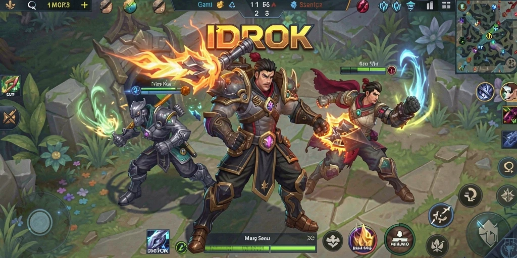 Screenshot pertandingan intensif dalam game MOBA IDROK.