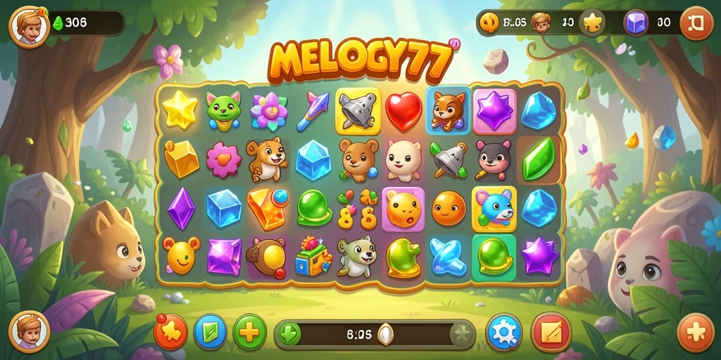 Screenshot gameplay <strong>MELODY77</strong> dengan tampilan seru dan warna-warni dalam aksi Match-3.