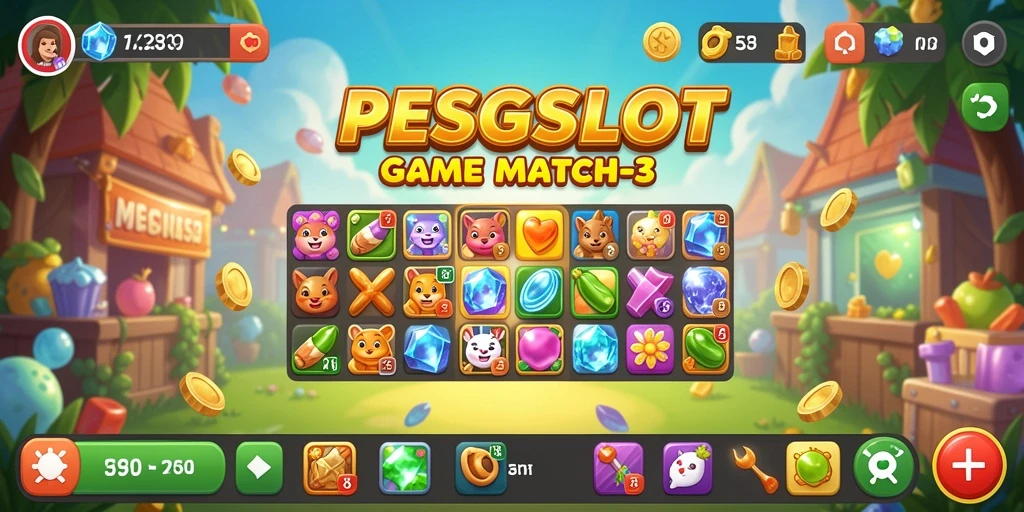 Gameplay PESGSLOT dengan kombinasi match-3 yang seru.