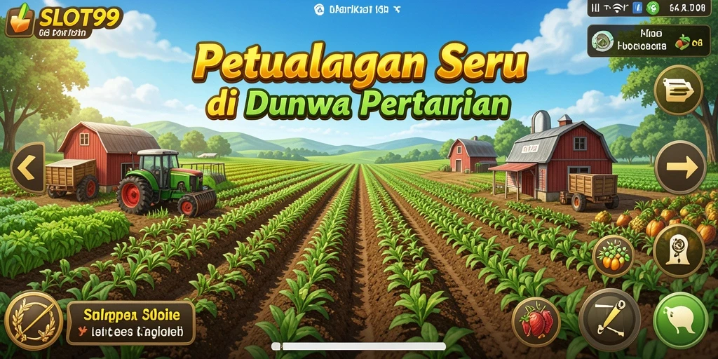 Screenshot gameplay SLOT99 yang menunjukkan pertanian yang indah dan interaksi sosial.